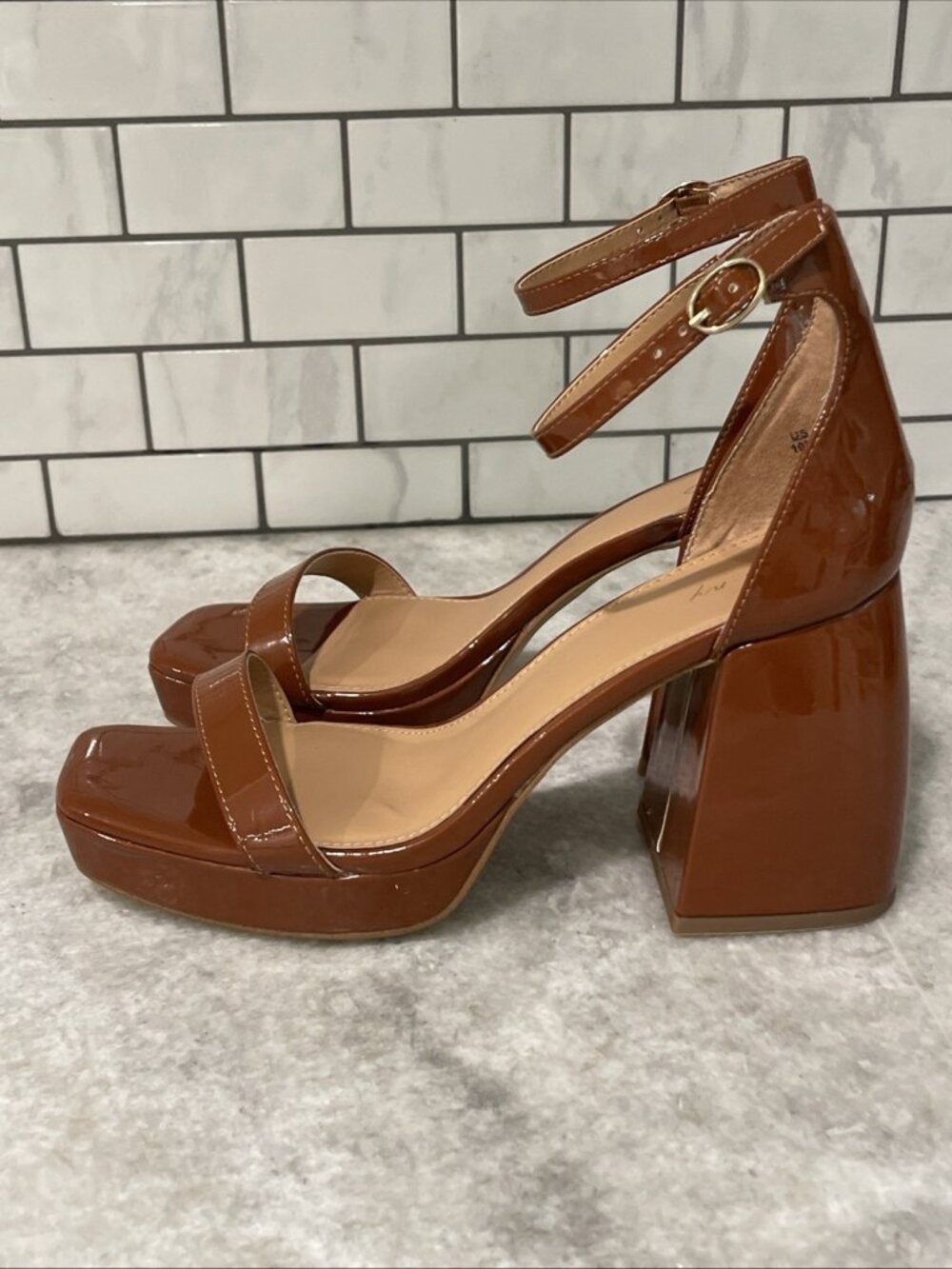 Circus Sam Edelman Heels Womens 10 Brown Patent Leather Jardine Block Strap Shoe
